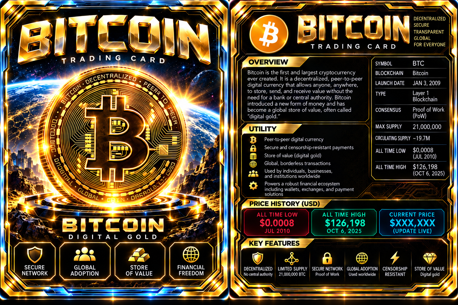 Front artwork and back profile of the Bitcoin card.