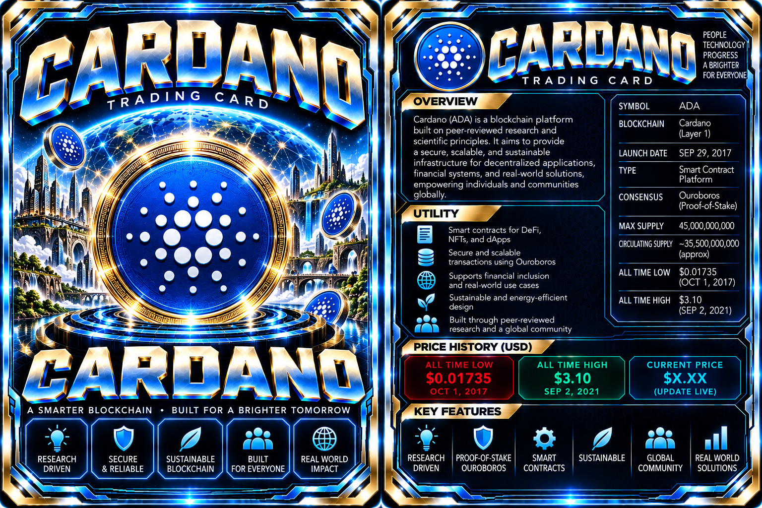 Front artwork and back profile of the Cardano card.