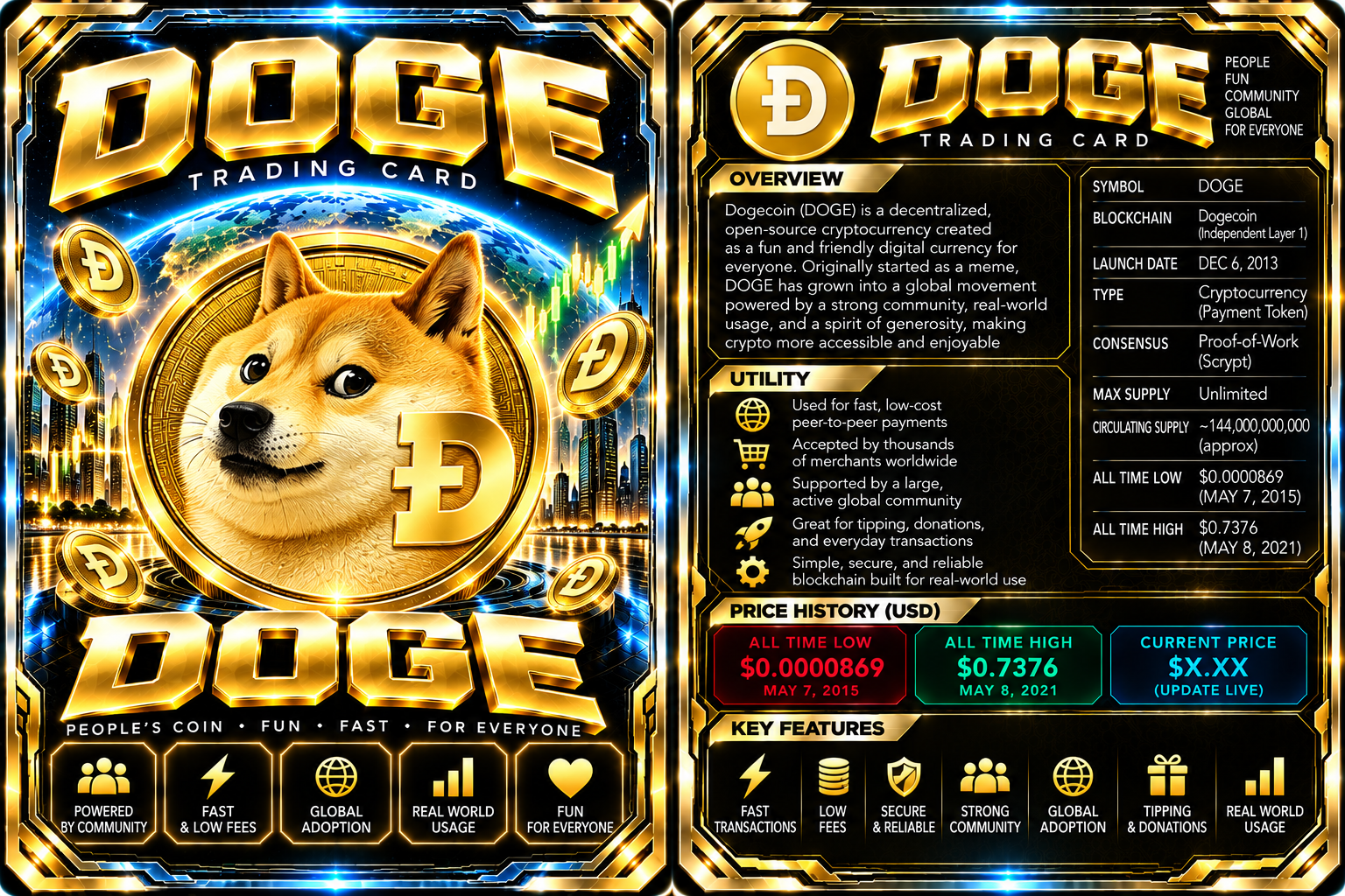 Front artwork and back profile of the Dogecoin card.