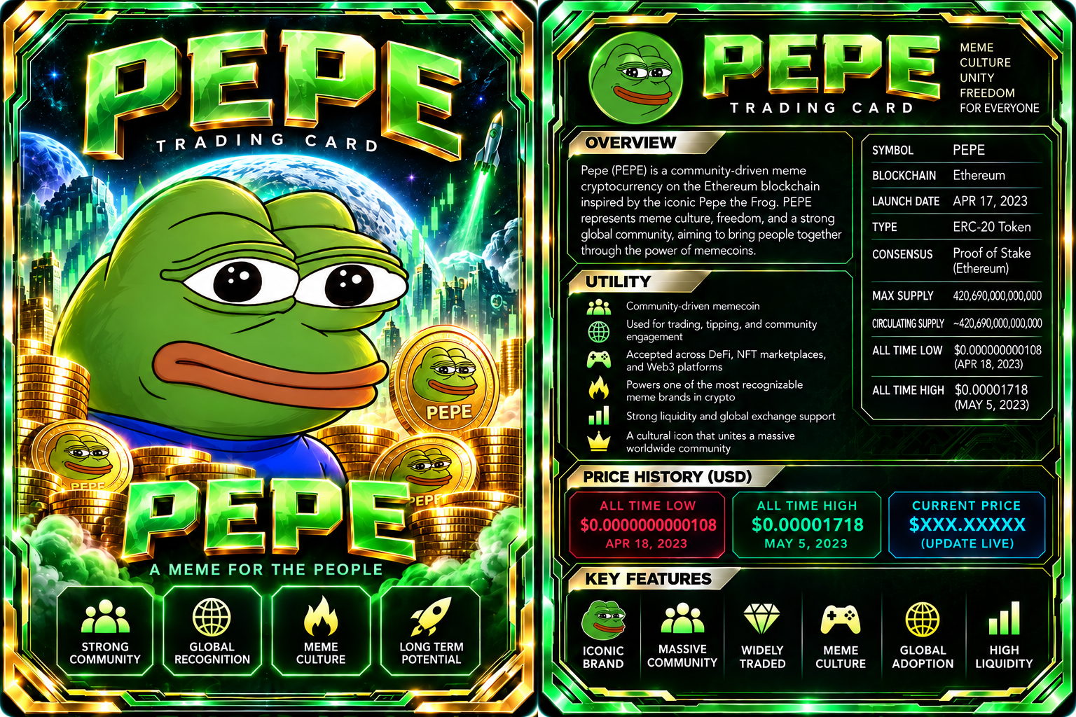 Front artwork and back profile of the Pepe card.