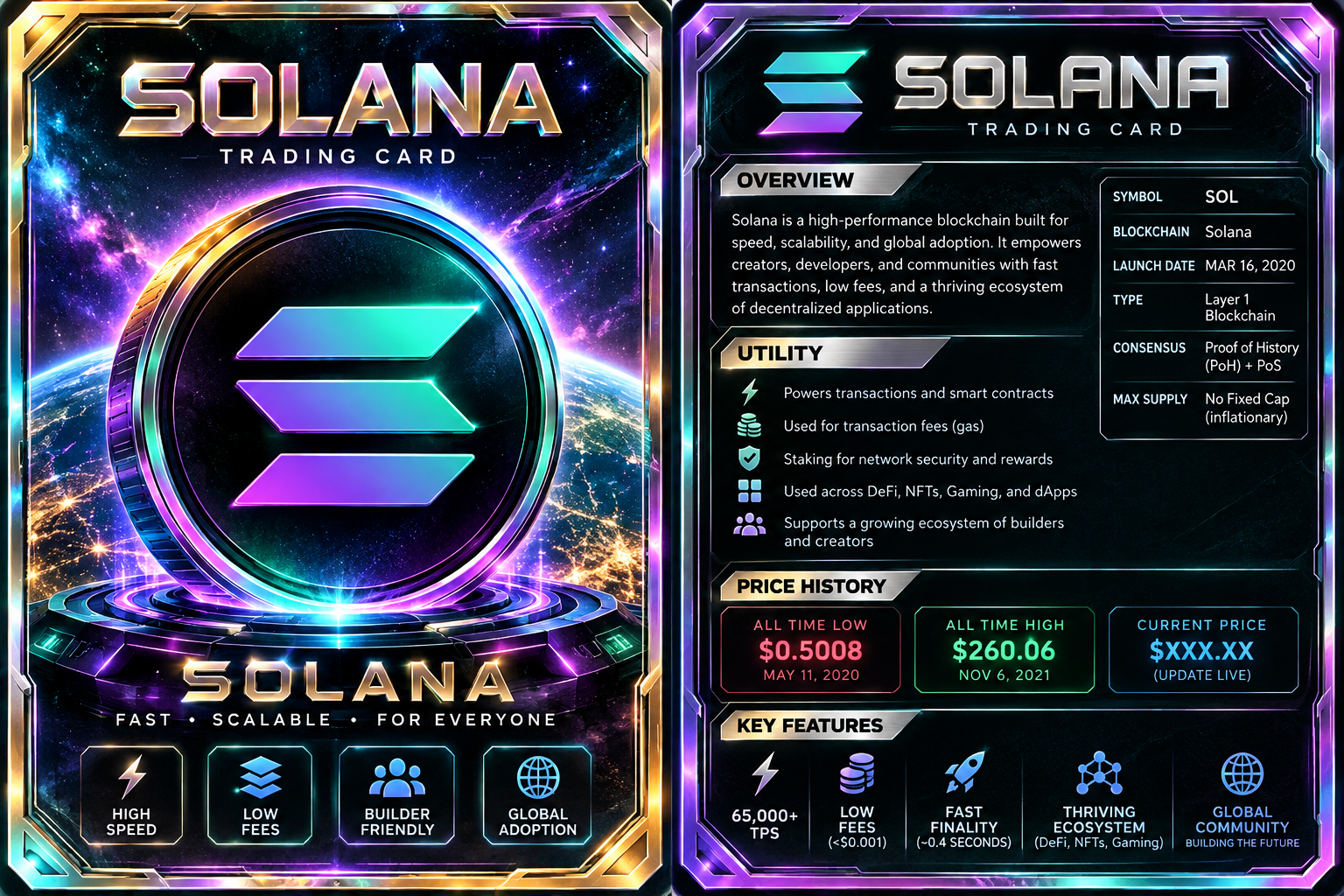 Front artwork and back profile of the Solana card.