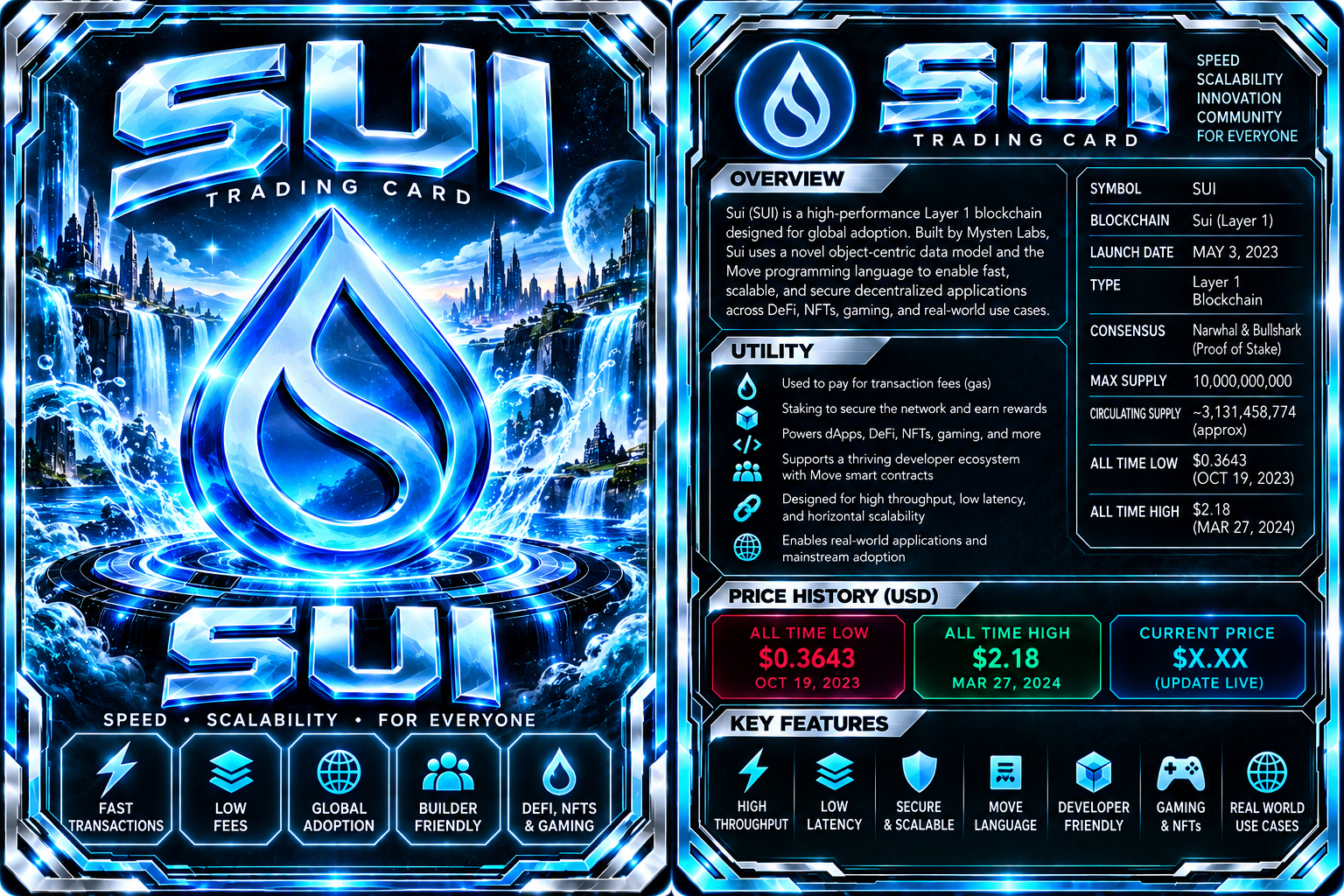 Front artwork and back profile of the Sui card.