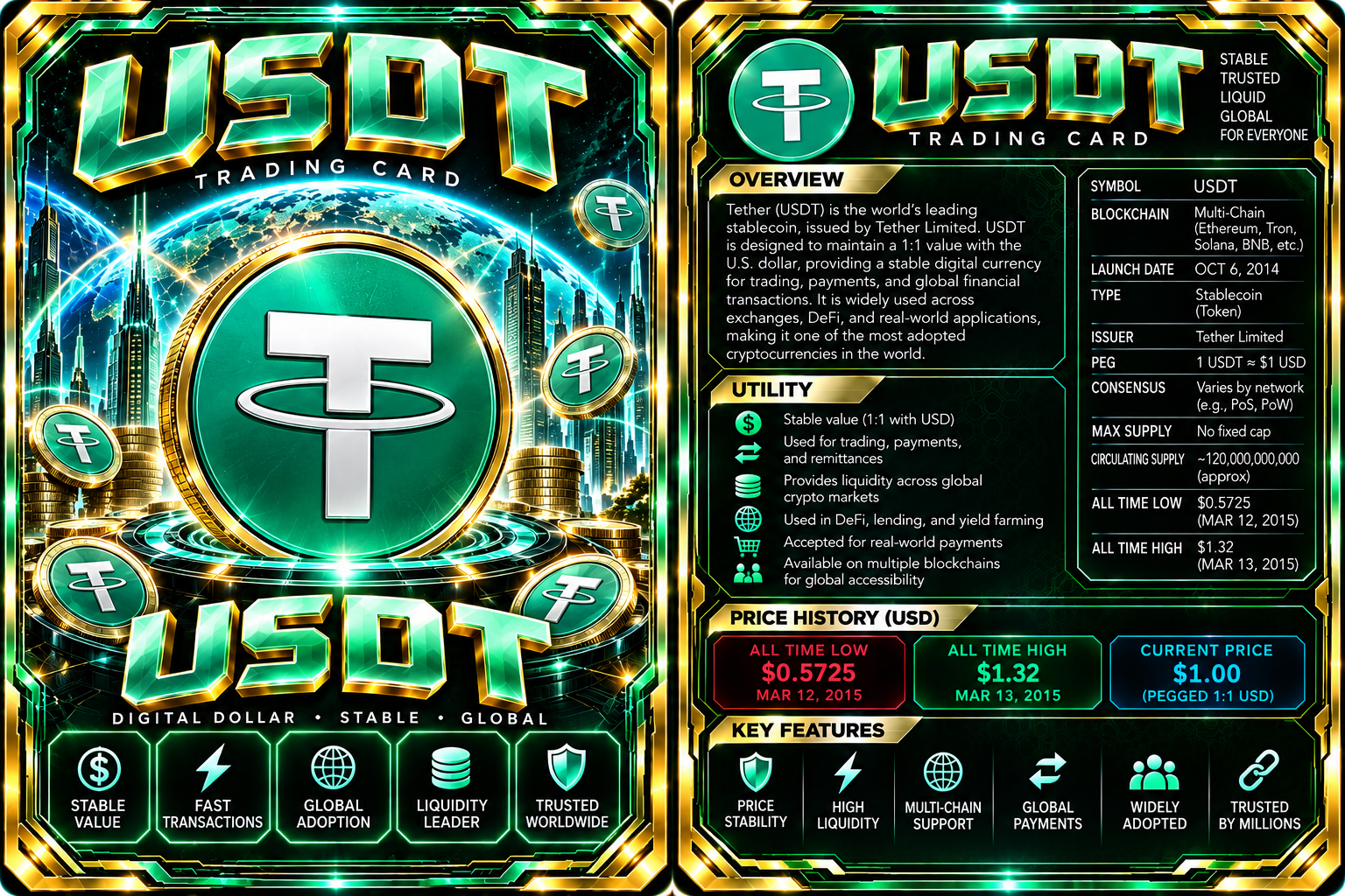 Front artwork and back profile of the Tether card.