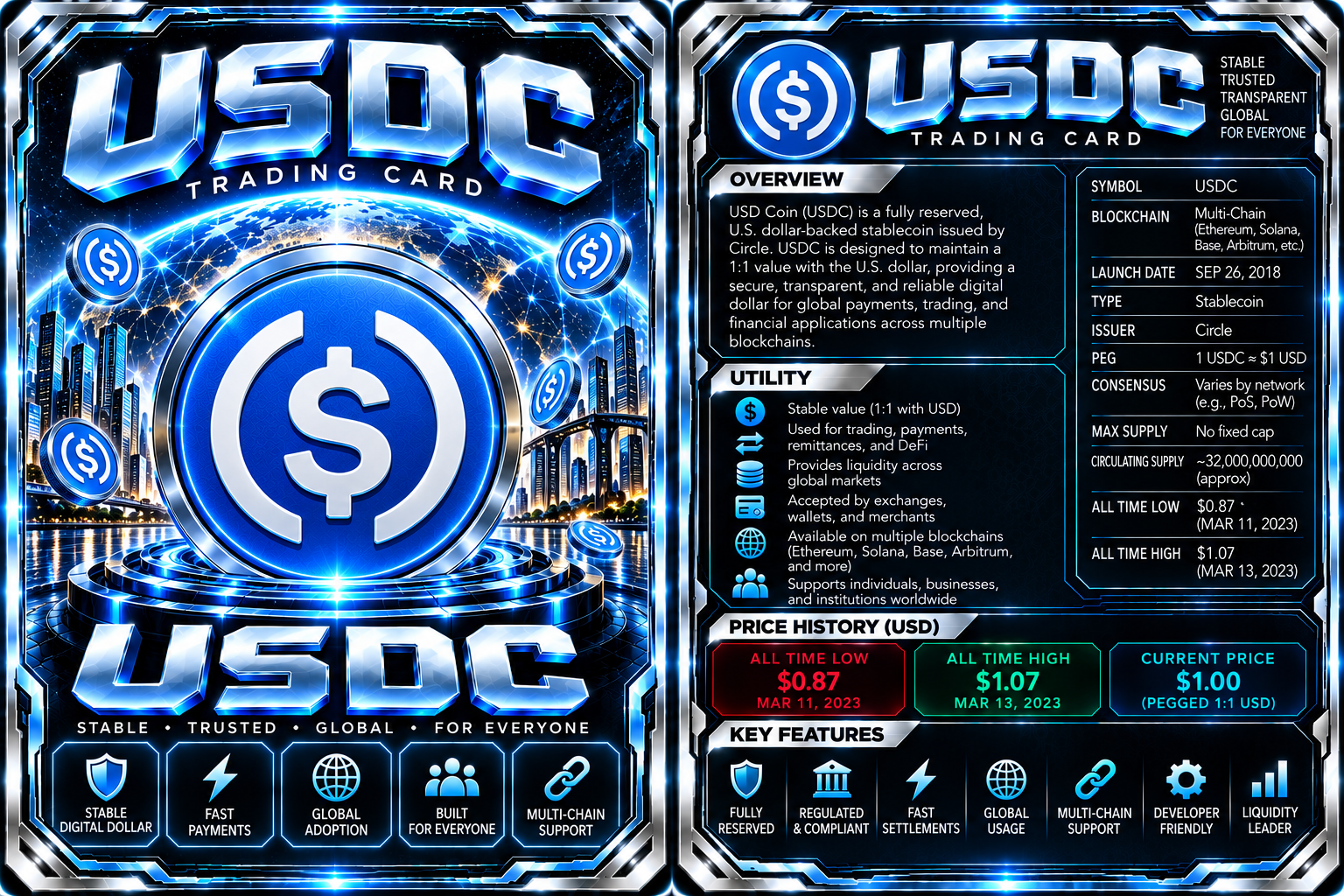 Front artwork and back profile of the USD Coin card.